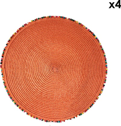 Arca BORDATO Set van 4 Oranje Placemats Rond 38cm, met speelse houten kralen afboording - polyester - onderhoudsvriendelijk