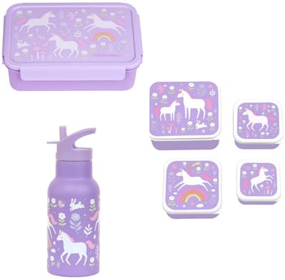 Bundel A Little Lovely Company Back to school set - Drinkfles RVS/4 Snackdozen/Bentobox - Unicorn Dreams