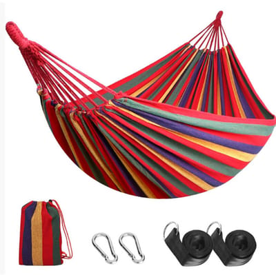 Outdoor katoenen hangmat Multiples 210 x 150 cm, draagvermogen tot 200 kg draagbaar met draagtas voor Patio Yard Garden（Rood）