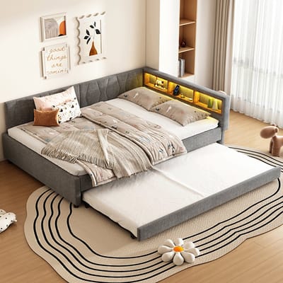 Komhtom Dagbed, 140*200 cm, slaapbank, opbergruimte onder het bed, USB+Type C, afstandsbediening voor LED-sfeerverlichting, bed met uitschuifbaar bed, bed met lattenbodem (zonder matras), beddengoed, grijs