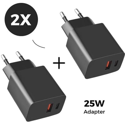 USB C snellader 25W - 2 stuks - 2x USB C en USB A dubbele poort oplader - geschikt voor Samsung Galaxy en iPhone 17 / 16 / 15 - zwart - WiseQ