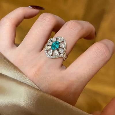 bague ajourée Paraiba haut de gamme de luxe léger pour femmes incrustée de cristal goutte d'eau ovale bleue bijou de mariage cadeau resizable brown