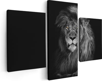 Artaza Canvas Schilderij Drieluik Leeuw Met Oranje Ogen - Zwart Wit - 90x60 cm - Wanddecoratie Woonkamer - Schilderijen - Muurdecoratie