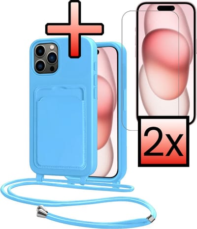Hoes Geschikt voor iPhone 14 Pro Max Hoesje Pasjeshouder Cover Met Koord Case Siliconen Hoes Met Telefoonkoord en Kaarthouder Met 2x Screenprotector - Lichtblauw