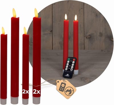 Voordeelset LED-staafkaarsen met timer klein + groot ROOD 4 stuks ROOD voor binnen - 6 uur - ECHTE WAS 18 cm + 23 cm hoogte voor kaarsen 2,2 cm diameter 2 AAA-batterijen vereist LED-staafkaarsen flikkerende vlam