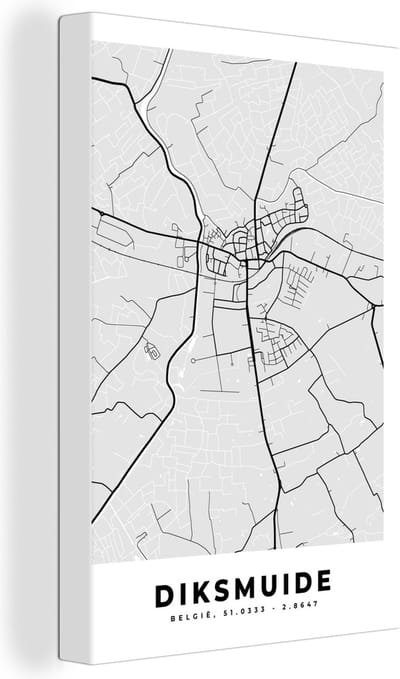 Canvas Schilderij België – Diksmuide – Stadskaart – Kaart – Zwart Wit – Plattegrond - 20x30 cm - Wanddecoratie