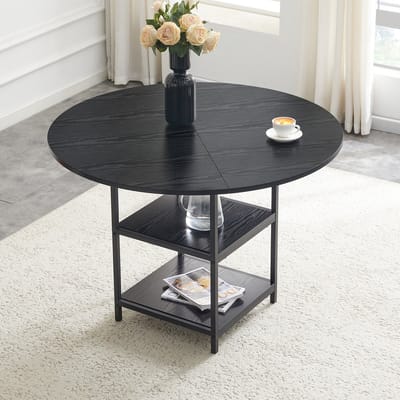 Ronde eettafel met een diameter van 107 cm en twee opbergvakken, zwart MDF-blad + metalen frame, geschikt voor 2-4 personen, ideaal voor Europese familiediners.