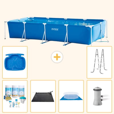 Intex Rechthoekig Frame Zwembad - 450 x 220 x 84 cm - Blauw - Inclusief Onderhoudspakket - Solar Mat - Grondzeil - Zwembadfilterpomp - Voetenbad - Ladder - 7-delig