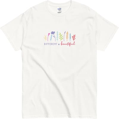Dames en Heren Tshirt - Quote Different is Beautiful - Bloemen - Wit - S