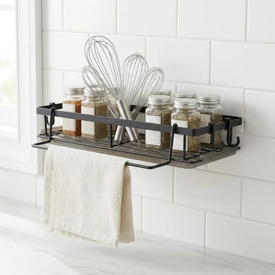 Praktische Keuken Organizer met Afneembare Tray, Handdoekhouder en 4 Haken voor Sponsen en Keukengerei, Muurbevestigde Opbergoplossing van Koolstofstaal