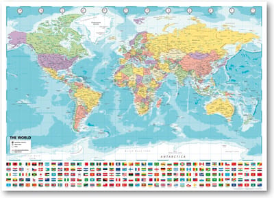 Wereldkaart poster - 70 x 100cm - drukgang 2024 - groot - luxe met UV lak - Multi - vlaggen - wanddecoratie