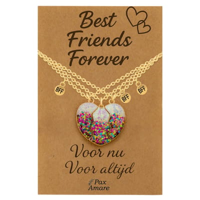 BFF Ketting voor 3 'Best Friends Forever' - Magnetisch Glitter Hartje - Vriendschapsketting op Cadeau Kaartje - 45cm + 5cm verstelbaar - Goudkleurig - Best Friends Hanger - Pax Amare