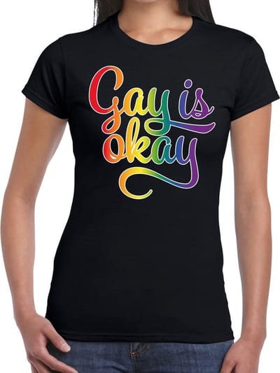 Gay is okay gay pride t-shirt zwart met regenboog tekst voor dames - Gay pride/LGBT kleding XS