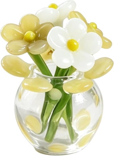 Glazen Bloemen Vaas - Miniatuur Boeket - Woonkamer Decoratie - Handgemaakt Glaswerk - 6x5x6 cm - Geel