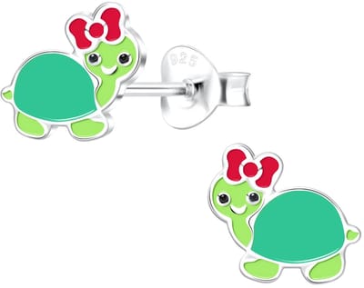 Joy|S - Zilveren schildpad oorbellen - groen met rood strikje - 9 x 8 mm