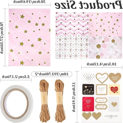 Verjaardagscadeau in Roze, 2 Rollen Cadeaupapier met Touw, Plakband en Bedankstickers, Perfect voor Moederdag, Valentijnsdag en Feestdagen, 50 x 70 cm