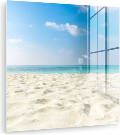 MuchoWow® Glasschilderij 50x50 cm - Schilderij acrylglas - Strand - Licht - Zon - Foto op glas - Muurdecoratie woonkamer - Wanddecoratie slaapkamer - Schilderijen