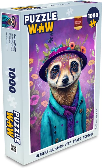 Puzzel Meerkat - Bloemen - Verf - Paars - Portret - Stokstaartje - Legpuzzel - Puzzel 1000 stukjes volwassenen