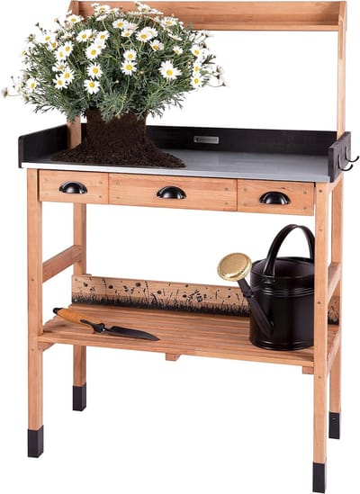 Plantentafel met laden - Tuinwerktafel - Planten verzorgen - Weerbestendig zinkblad - 130 cm hoog - Donkerbruin Zwart