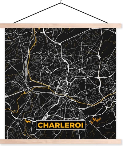 Posterhanger incl. Poster 40x40 cm - Schoolplaat - Stadskaart - Goud - Plattegrond - Charleroi - Kaart - Textielposter - Blanke latten - Stadskaart