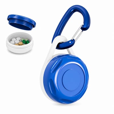 Mini Pillendoos Sleutelhanger – Compact Medicijndoosje voor Onderweg – Pillenhouder voor Reizen, Sleutelbos en Tas – Ø35 mm – Blauw/Wit