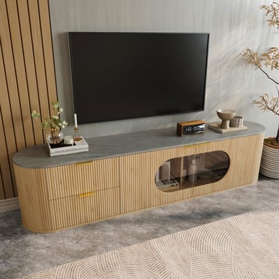 Sweiko TV-kast - Gestreepte design - 2 laden - Houtnerf - Marmerelook - Ovale vorm - Grijs + Natuurlijke