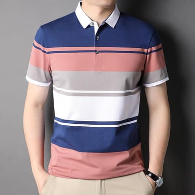 Nouveaux T-shirts rayés à manches courtes de mode coréenne d'été pour hommes jeunes et d'âge moyen, T-shirts décontractés à revers fins XXXL white