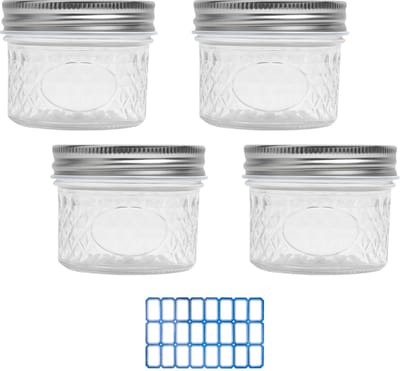 Dailygoods - Glazen potten met deksel, 4 stuks, 120 ml, glazen voorraaddozen, glas met blauwe etiketstickers, meal prep, kleine inmaakpotten, mini-inmaakpotten, Mason Jar voor yoghurt, jam, specerijen