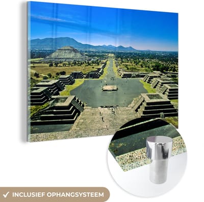 ® Glasschilderij 180x120 cm - Schilderij acrylglas - Uitzicht op Teotihuacán in Mexico op piramides en rituele gebouwen - Foto op glas - Muurdecoratie woonkamer - Wanddecoratie slaapkamer - Schilderijen