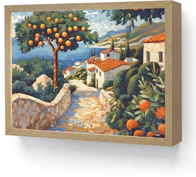 Wandlamp 40x30 cm - Oplaadbaar - Huizen - Mozaïek - Sinaasappelbomen - Zee - Wandlampen binnen woonkamer - Slaapkamer lamp - Decoratieve nachtlamp - Vloerlamp draadloos
