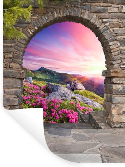 Muurstickers - Sticker Folie - Landschap - Doorkijk - Bloemen - Berg - 30x40 cm - Plakfolie - Muurstickers Kinderkamer - Zelfklevend Behang - Zelfklevend behangpapier - Stickerfolie