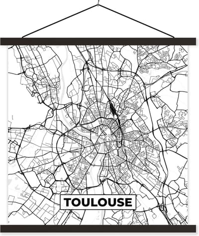 Posterhanger incl. Poster 60x60 cm - Schoolplaat - Kaart - Stadskaart - Toulouse - Frankrijk - Plattegrond - Zwart wit - Textielposter - Zwarte latten - Stadskaart