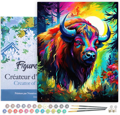 Figured'Art Schilderen op Nummer Volwassenen met lijst Kleurrijke Abstracte Bison- Handwerk acrylverf Kit DIY Compleet - 40x50cm Canvas al ingelijst