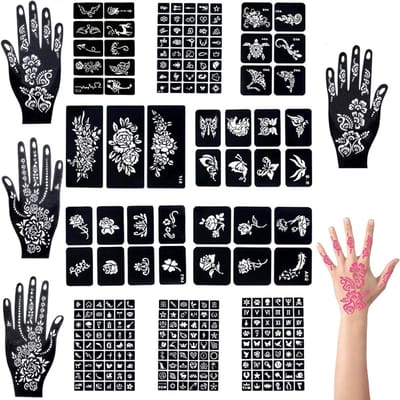 Herbruikbare Henna Tattoo Sjablonen - 14 Vellen met 247 Stukken voor Lichaamskunst, Gezicht, Handen en Voeten voor Kinderen en Volwassenen