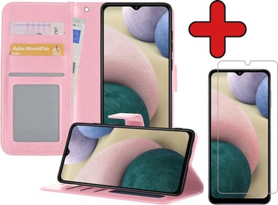 Hoesje - Met Screenprotector - Geschikt voor Samsung Galaxy A12 - Luxe Pasjeshouder - Flipcase - Bookcase Portemonee - Flip Case - Kunstleer Book Case - Book Cover - Walletcase - Portemonneehoes - Telefoonhoes - Lichtroze