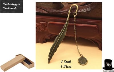 Bob Online ™ - 1 Stuk – Bronzen Kleurig – Vintage Metaal Veer Bladwijzer met Klok Hangertje – Vintage Veer Boekenlegger met Klok Hanger – Metaal Veer Boekenlegger – 1 Piece – Bronze Color Metal – Vintage Feather Bookmark with Clock Hanging Pendant