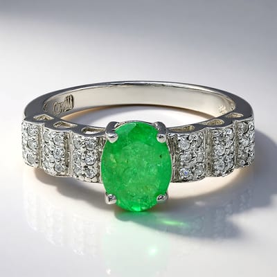 Cavill - Zilveren Ring met 0,93 ct Ovale Bahia Smaragd & 0,28 ct Cambodjaanse Zirkonia - 925 Sterling Zilver Geplatineerd - Luxe Damesring Maat 17