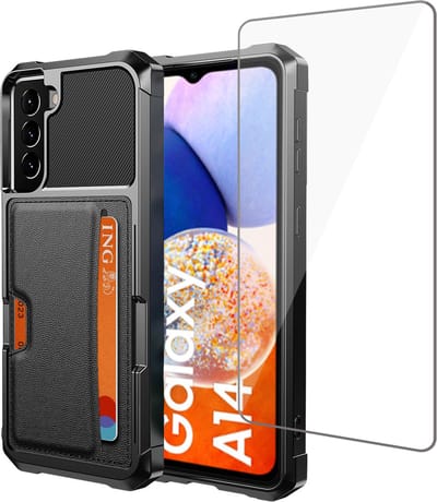 Pasjes houder Hoesje geschikt voor Samsung A14 + Screenprotector - Heavy Duty Case - Magnetisch Portemonnee Hoesje Cover - Gehard Glas Cover - Zwart