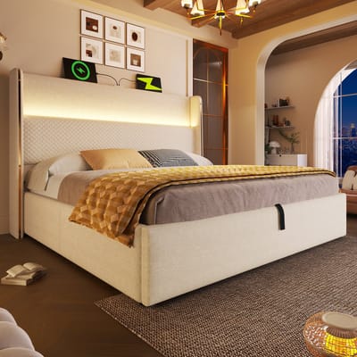 Wishdor Hydraulisch Bed Met Hoog Hoofdbord - Ledverlichting - Opbergruimte Onder Bed - Usb En Type-C Aansluiting - Linnenlook Beige - 140 X 200 Cm