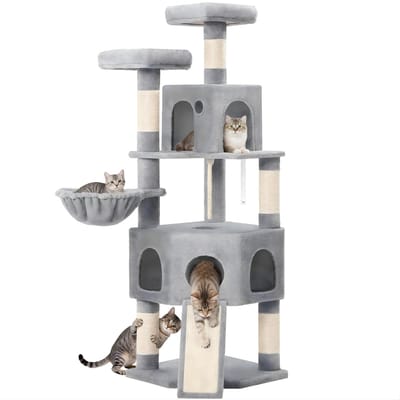 Kattenboom – XL – Voor Binnenkatten – Met 2 Platforms, 2 Holletjes, 4 Krabpalen, 1 Krabplank, Sisaltouw en Plush Speelballetjes – Lichtgrijs