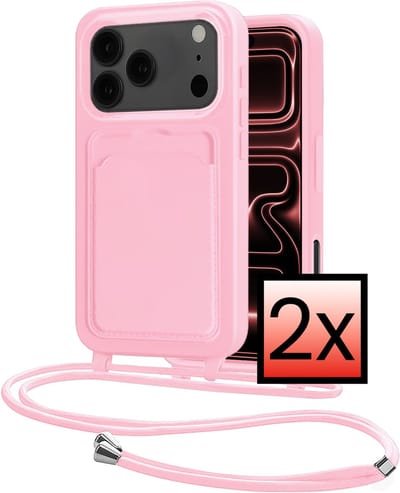 Hoes Geschikt voor iPhone 17 Pro Max Hoesje Pasjeshouder Cover Met Koord Case Siliconen Hoes Met Telefoonkoord en Kaarthouder - Lichtroze - 2 PACK