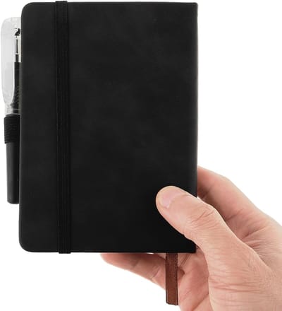 Notitieboek, A6, klein zak-dagboek, notitieboek met pen, mini-zak-notitieblok, sluitband, hardcover, premium papier, gelinieerd, dagboek met penhouder, leren omslag voor kantoor, school