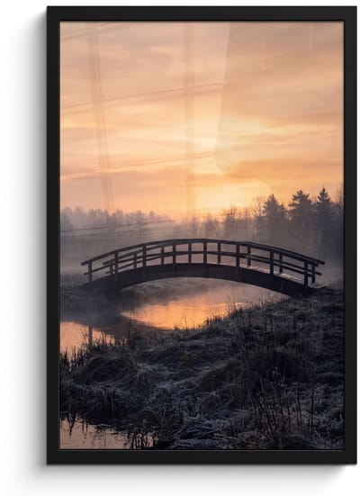 Poster in lijst - Fotolijst 40x60 cm - Posters - Brug - Mist - Bomen - Water - Posterlijst zwart - Decoratie - Wanddecoratie woonkamer - Muurdecoratie slaapkamer