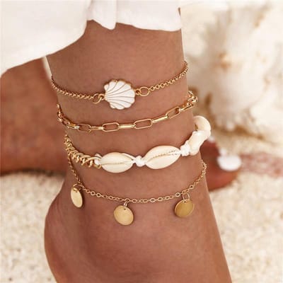 Jomide Enkelbandjes Bohemian Shell - 4 delig - Goudkleurig