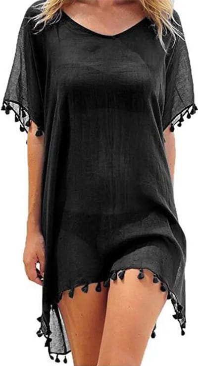 ASTRADAVI Pareo Jurk - Sarong Dress Beachwear - Dames strandkleding met Ronde Hals en Franjes - Zwart