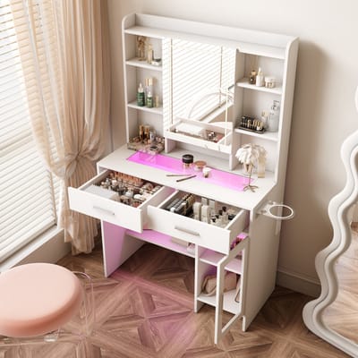Make-up Tafel met Spiegel – LED Verlichting – Stopcontact & Föhnhouder – Laden en Opbergruimte – Modern Design Kaptafel voor Slaapkamer