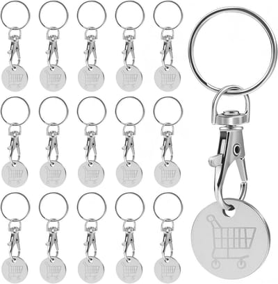 Sleutelhangers voor winkelwagen - Set van 16 stuks - Afneembare chips van roestvrij staal - Zilverkleurig