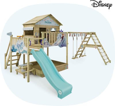 Wickey Disney's Frozen Saga Speeltoestel - Dubbele schommel met Glijbaan en Klimaanbouw - Speelhuis & Picknicktafel - 558x465x307 cm - Pastelblauw