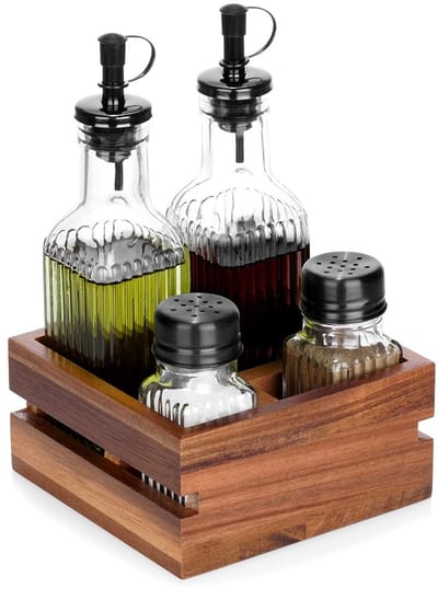 Vilde - Set van Flessen voor Olie en Azijn - In Houder - Glas en Hout