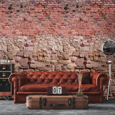 Fotobehang Profhome 392461-GU vliesbehang hardvinyl warmdruk in reliëf glad in baksteen look mat rood bruin beige 1,59 m x 2,8 m